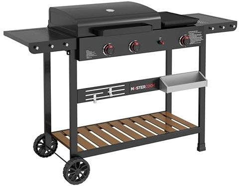 MasterCook - Barbecue a Gas Multifunzione con Griglia e Piastra in Ghisa, BBQ 2 Bruciatori con Tavolino Laterale Pieghevole e Ruote, Potenza 8,5 kW, 140,8x52,3x97,4 cm