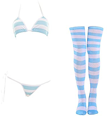 Conjunto de lencería sexy para mujer SINROYEE, bikini japonés de anime con traje de baño a rayas y calcetines altos hasta la rodilla a rayas, Talla única