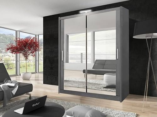 GSW Bedroom Furniture Modern Full 2 and 3 Mirror Sliding Door Wardrobe With Shelves And LED Light, Hanging Rail (100CM, Gray)
