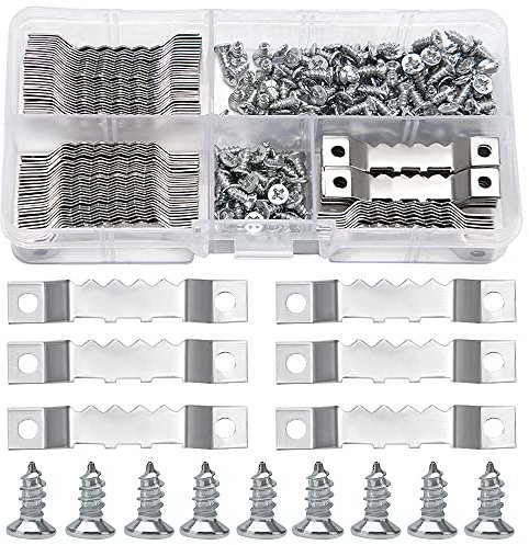 YIXISI 85 Pezzi Cornice a Dente di Sega + 170 Pezzi Viti, Invisibili Ganci Dente di Sega con Due Fori, per Foto Segni Montaggio a Parete Orologio da Parete Artigianato, D'argento(45 x 8 mm)