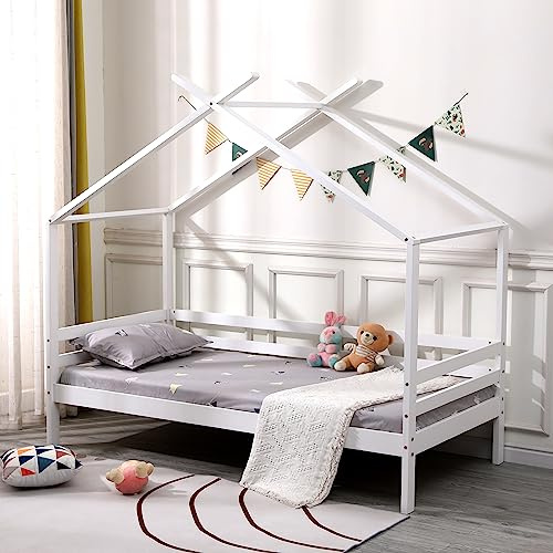 SlumberWorx Teddy Kids Wooden House Treehouse Single Bed Frame In White/Grey & Optional Guest Trundle & Mattress (White No Guest Trundle, No Mattress)