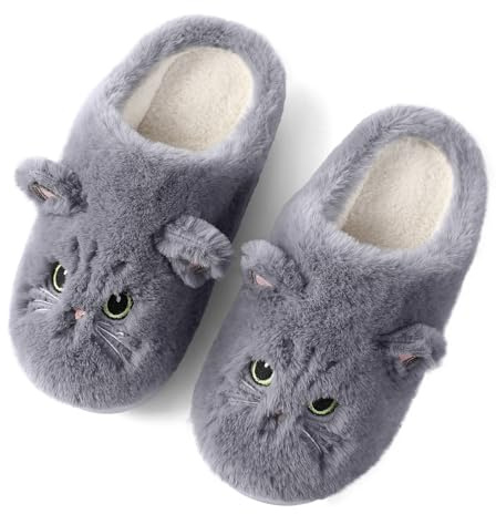 Puimentiua Mignon Chat Pantoufle Femme, Hiver Dessin Animé Chaussons Pantoufles Chat Femme Confortable AntidéRapant Chaussons Homme Fourrure Mules Pantoufles, Cendre, 42-43