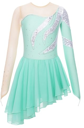 CHICTRY Body Danza Classica Bambina Strass Leotard per Balletto Ballerina Abito Pattinaggio Artistico con Orlo Asimmetrico Abito da Ballo Latino Jazz Dancewear Verde 11-12 Anni