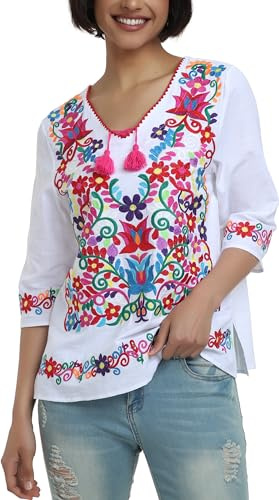 YZXDORWJ Women's Mexican 3/4 Sleeve Blouse Floral Embroidered Traditional V Neck Top Multicolor Boho Tunic (L, 171W)