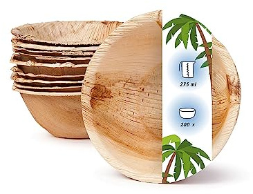 onlyleaf Palmware - umweltfreundliches Einweggeschirr aus Palmblättern I 200 Stück Palmblatt Schale rund 275ml Ø13,5cm I Salat-Schüssel Dipschalen Suppenschale Servierschale Snackschale