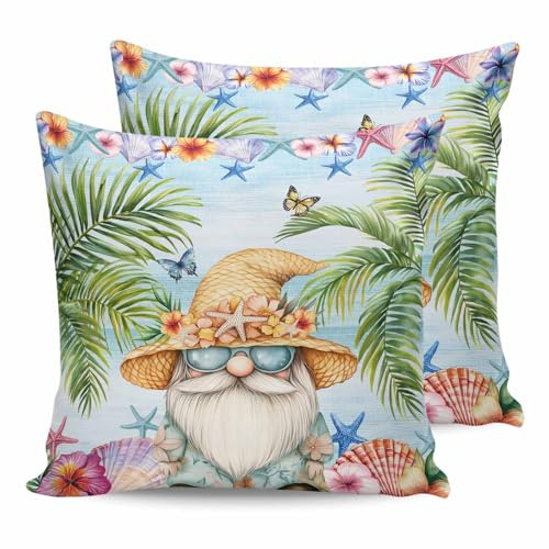 Waterproof Throw Pillow Covers Pack of 2, Summer Coastal Dwarf Palm Tree Cushion Cases Pillow Cases for Outdoor Indoor, Blue Ocean Starfish Decorative Pillows Covers for Sofa Bed Couch Patio