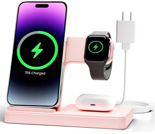 GETPALS Wireless Charger iPhone Charging Station for Apple Multiple Devices | 3 in 1 Charger Stand for iPhone 18 Pro Max 17 17e 16 16e 15 14 13 12 & Watch Series 12-2 SE Ultra & Airpods 5 4 3 Pro, Pink