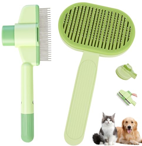 Omtofo 2 Pz Spazzola per Cani/Gatti, Nettoyage en un Clic per Brosse Chat, Spazzola Autopulente per Animali Domestici per Pelo Lungo e Corto, Verde