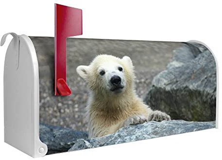banjado® Amerikanischer Briefkasten - US Mailbox/Letterbox mit Motiv Eisbär Baby 51x22x17cm - Postkasten Stahl aus Amerika – Briefkasten amerikanisch weiß pulverbeschichtet