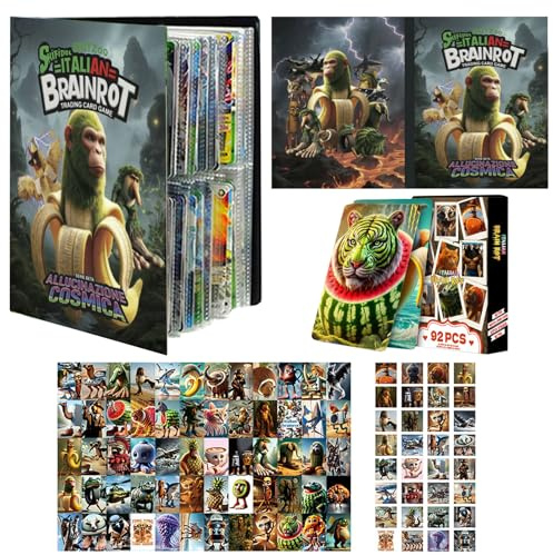WENAUANG Italian Brainrot Set de cartas coleccionables, Traiga un libro de cartas de mono de plátano de dibujos animados con 60 cartas únicas y 32 pegatinas, niños, adolescentes, fiestas y