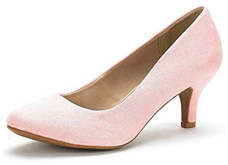 DREAM PAIRS Womens Slip On Low Kitten Heels Round Toe Pump Court Shoes Luvly Pink Suede Size 7.5 US/ 5.5 UK
