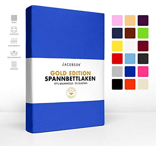 Jacobson Gold Edition Jersey Spannbettlaken Spannbetttuch Baumwolle mit ELASTAN ca. 200 g/m² (200 x 220 cm + 40cm, Royal Blau)