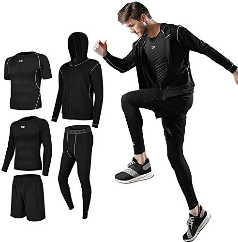 Superora Fitness kläder set 5 stycken män atletisk fitness sport kostym, svart, M