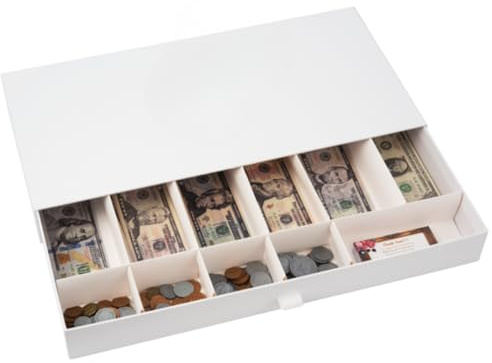 Cardboard Cash Register Drawer with Coins Bills Business Card Compartments Money Play Toy Gift for Kids Fit Real Money Too Only Box White