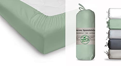 Blue Moon Bio Baumwolle Jersey Bettlaken - Spannbettlaken 160x200cm - Spannleintuch Spannbetttuch Bettlaken 160 x 200 Organic Cotton GOTS-Zertifiziert Ökotex Made in Green (Grün, 140-160 x 200 cm)