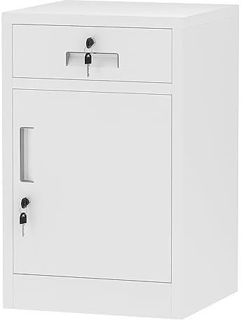 JINGUR Metal Storage Cabinet with Locking Door and Drawer, Lockable Drawer Chest with Adjustable Shelf for Home Office Bedroom Living Room (White)