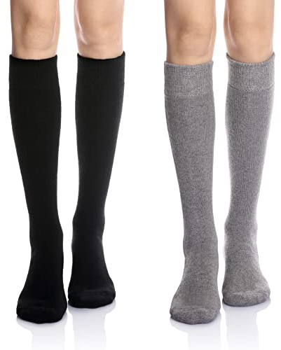 Eyean Women's Knee High Wool Socks Winter Thick Thermal Soft Comfy Over Knee Long High Socks 2 Pairs (Solid Color Black+Grey)