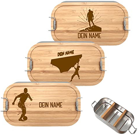 Generisch Brotdose mit Namen personalisiert 700ml, Lunchbox mit Sport Motiv und Namen aus Metall mit Bambusdeckel