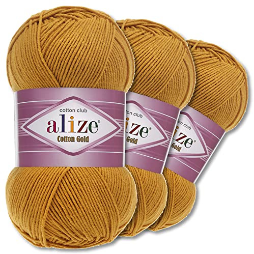 Wohnkult Alize 3 x 100 g Cotton Gold Premium Wolle 59 Farben Sommerwolle Garn Stricken Amigurumi Ganzjahreswolle (02 | Senf)