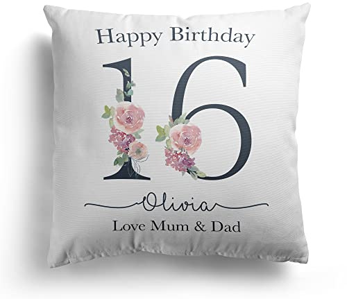 Personalised 16th Birthday Cushion Pillow Any Name Floral Cover And Inner Scatter Cushions Throw Pillows Gift For Her Girls Bedroom Happy Birthday Sixteen Keepsake Decor (cover & inner)