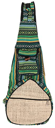 Kunst und Magie Bunter Hippie Rucksack Schultertasche Slingbag Crossbody-Bag Hanf, Farbe:Grün