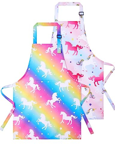 Kids Aprons - 2 Pack Unicorn Kids Art Aprons for Girls Waterproof Toddler Chef Aprons for Cooking Baking Painting Gardening Adjustable Bib Apron for Kids with Pocket Kitchen Classroom Art Smocks