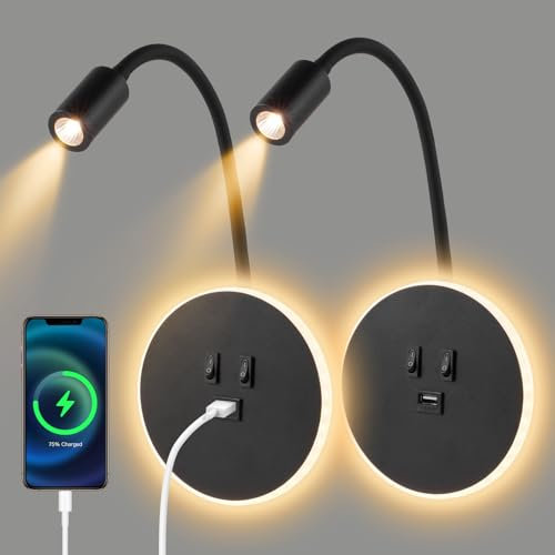 2pcs LED Leselampe Wandlampe, Schwanenhalslampe Leseleuchte am Bett, Verstellbare Wandleuchte am Bett, mit USB-Ladeanschluss und Schalter, Wandleuchten für den Flur (Warmes Licht 3W + 9W) (Schwarz)
