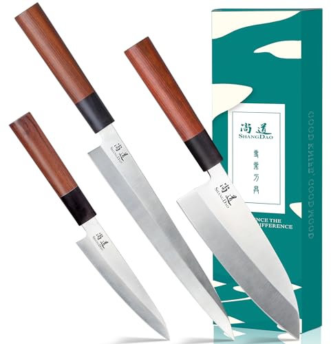 SHANGDAO Set Coltelli da Cucina Giapponesi, Coltello da Sushi Gyuto da 3 Pezzi, Coltelli da Cucina Utilitari da 10 Yanagiba-7 Deba-5,Acciaio Inossidabile Tedesco Premium e Manico Tradizionale