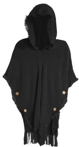 TCNGKIJIUK Femme Poncho à Capuche en Crochet Cape à Capuche en Tricot avec Boutons Cape Poncho à Franges Vintage Poncho Chaud pour l'Automne Hiver