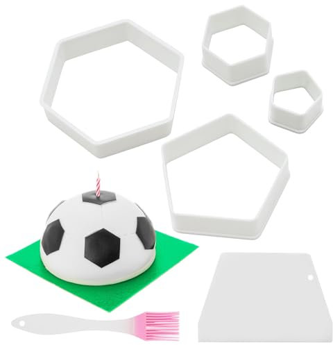Lot de 4 emporte-pièces en plastique avec motif football, pour bricolage, artisanat, fondant, gâteau, dessert, avec 1 pinceau à huile et 1 grattoir