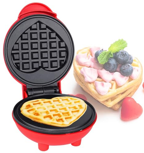 Yeelua Mini Heart Waffle Maker, 4'' Non Stick Cooking Plates with Fast & Even Heating, Electric Mini Pancake Maker with Power/Ready Indicator Lights(Red)
