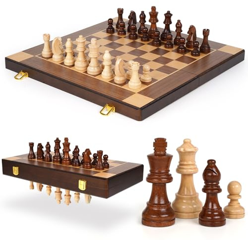 15-Inch Magnetic Wooden Chess Set – Foldable Wooden Chess Board with Magnetic Pieces, Portable Travel Chess Sets for Adults, Classic Board Game with Secure Storage Box