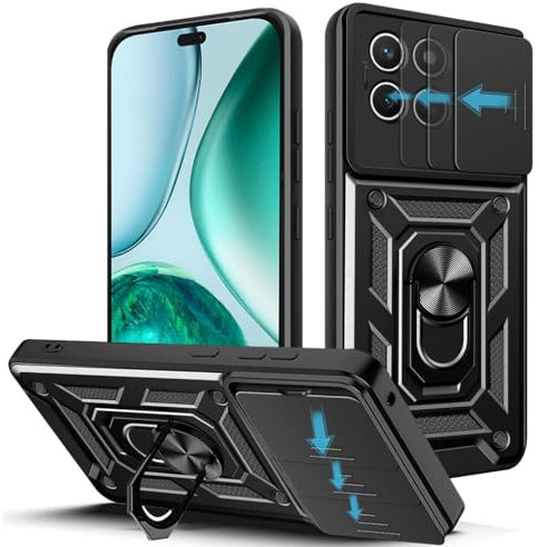 Loyhee Funda para Honor X8c 4G (6.7), Protección de la Cámara Carcasa con Cubierta de Cámara Deslizante y Soporte de Anill PC Dura y TPU Silicone Anti-Choque Case – Negro