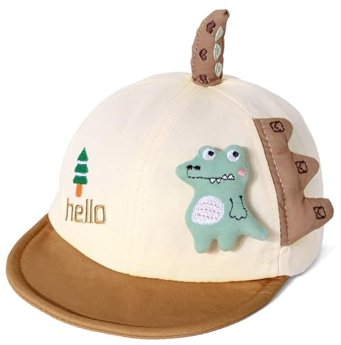 Kids' Baseball Cap Short Brim Children Sun Hat Soft Breathable Cute Dinosaur Print Adjustable Summer Outdoor Hat for 0-3 Years White-Brown