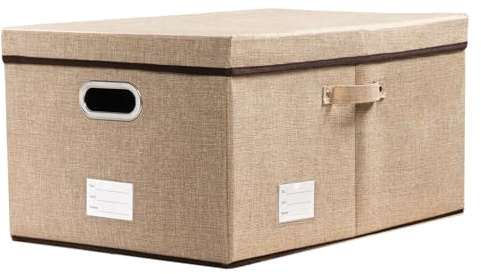 Prandom Caja de almacenamiento grande plegable con tapa[Paquete de 1],cajas almacenaje decorativas,Contenedor organizador de lino con asa,Caqui(58x40x30cm)