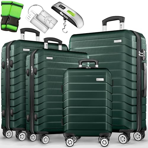 tillvex® Reisekoffer Set 4-teilig + Gepäckwaage, 8X Koffergurte & 4X Kofferanhänger | Kofferset 4 Rollen | Trolley Gepäck Koffer TSA Schloss | Hartschalenkofferset S-M-L-XL (Armeegrün, Kofferset 4tlg)