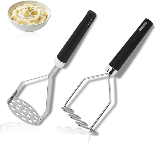 2Pcs Potato Masher, Premium Stainless Steel Mashed Potato Masher Kitchen Tool with Silicone Handle, Kitchen Tool for Avocado Vegetable Sauce Butter Pumpkin Puree Bean, Dishwasher Safe