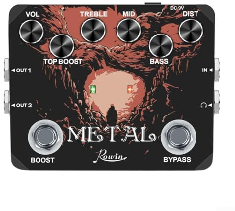Rowin Distortion-Pedal aus Metall mit Bass, Höhen, Boost, Lautstärkeregler für verschiedene Metall- und Rocktonformungsoptionen