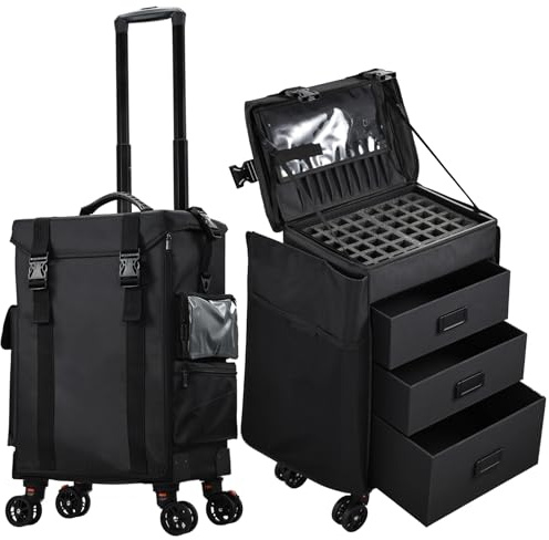 Valise Maquillage Roulante 4 en 1 Valise Coiffure Professionnel Malette Maquillage en Tissu Oxford Valise Onglerie Souple avec Roues Trolley Esthetique avec 3 tiroirs, Noir