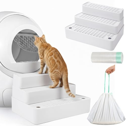 Vesici Adjustable 3 Steps Litter Box Ramp with 20 Waste Bags Pet Steps for Cats with Filter Function Non Slip Cat Litter Stair for Automatic Box Small Elder cat (White)