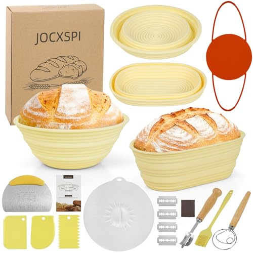 JOCXSPI Silicone Sourdough Starter Kit, Upgraded & Thickened 9 Round & 10 Oval Banneton Bread Proofing Basket, Foldable, Non-Stick Sourdough Basket with Bread Sling & Baking Supplies Tools