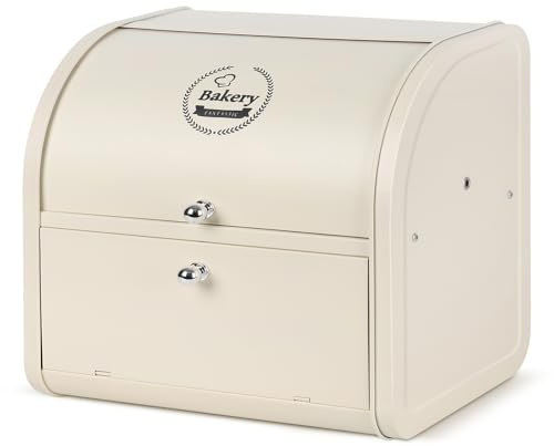 Nymblis Bread Bin, Large Bread Bins for Kitchen, Double Corner Bread Box with Roll Top Lid, 2 Tier Metal Bread Storage Containers, Cream White (35 x 25 x 33 cm)