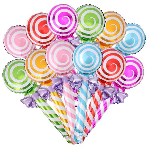 12pcs Sweet Candy Balloons, 6 Colors Candy Shape Foil Balloons for Christmas Candyland Birthday Party Supplies Inflatable Giant Lollipop Decoration for Theme Party Holiday Wedding Favors
