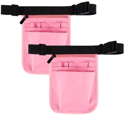 LOURCQVO 2 Pack Waitress Server Apron, Nurse Fanny Pack Utility Tool Belt with 10 Pockets, Adjustable Waist Pouch Bag for Waiter Bartender Carpenter Barber, Pink