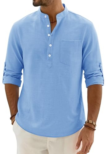 Alimens & Gentle Sky Blue Linen Shirts for Mens Collarless Grandad Non Iron Long Sleeve Shirt Casual Summer Button Down Top with Pocket XL