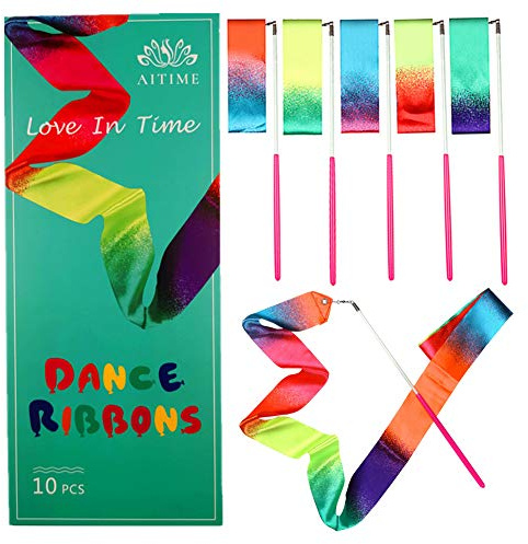 AITIME 10 Pieces 2 Meters Gym Gymnastics Dance Ribbons,Rainbow Dancer Ribbons with Twirling Wands for Kids Dancing,CE and EN71 Approved, Starry Sky Colors