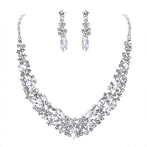 Clearine Parure Gioielli Matrimonio Sposa Collana Orecchini Set per Donne Cristallo austriaco Marquise Grappolo Collo pendente Trasparente Argento-fondo