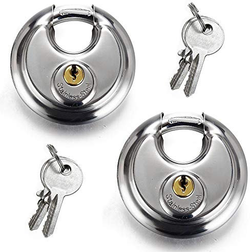 Lot de 2 cadenas à disque rond en acier inoxydable 70 mm Cadenas à disque robuste antirouille Cadenas de rangement et boîte à outils, chaîne antivol pour porte d’entrepôt 4 clés