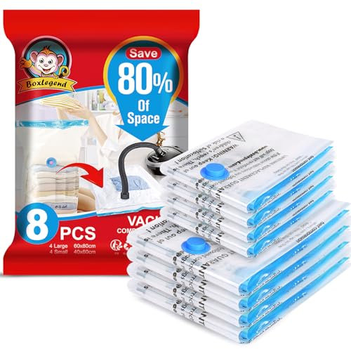 BoxLegend Bolsas Vacio Ropa 8 Piezas 4L*80x60 + 4S*60x40cm Bolsas de Vacio para Ropa Almacenaje para Mudanzas Compresión, Ahorro Espacio para Textil Ropa de Cama Edredones Almohadas Mantas