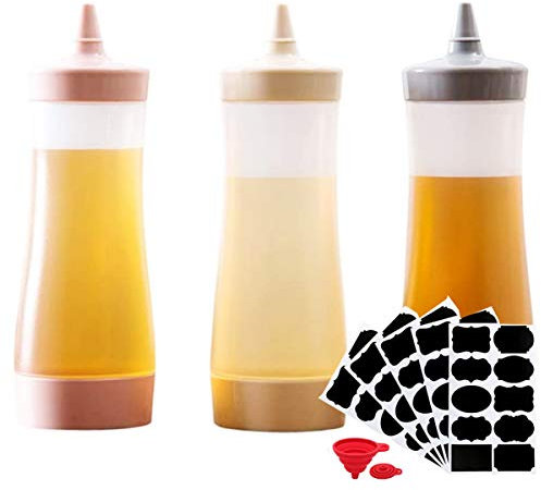 Biluer Squeeze Flasche aus Kunststoff,3 Stück 350ml Plastik Quetschflasche Saucenflasche Ketchup Spender Mit 5 Etiketten Aufkleber 1 Trichter Küche Für Malen Backen Ketchup Scharfe Soße Olivenöl